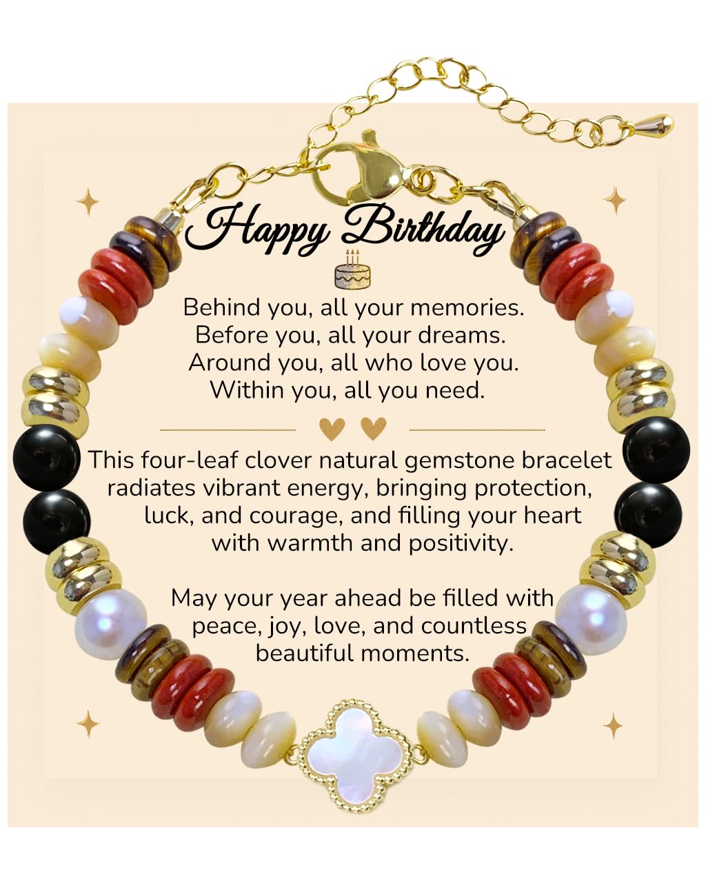 YEETONDA Four Leaf Clover Natural Gemstone Rainbow Bracelets Jewelry 16th 21st 30th 40th 50th 60th 70th 80th Birthday Gifts For Women Mom Sister Friend Daughter Niece（Black Tourmaline）