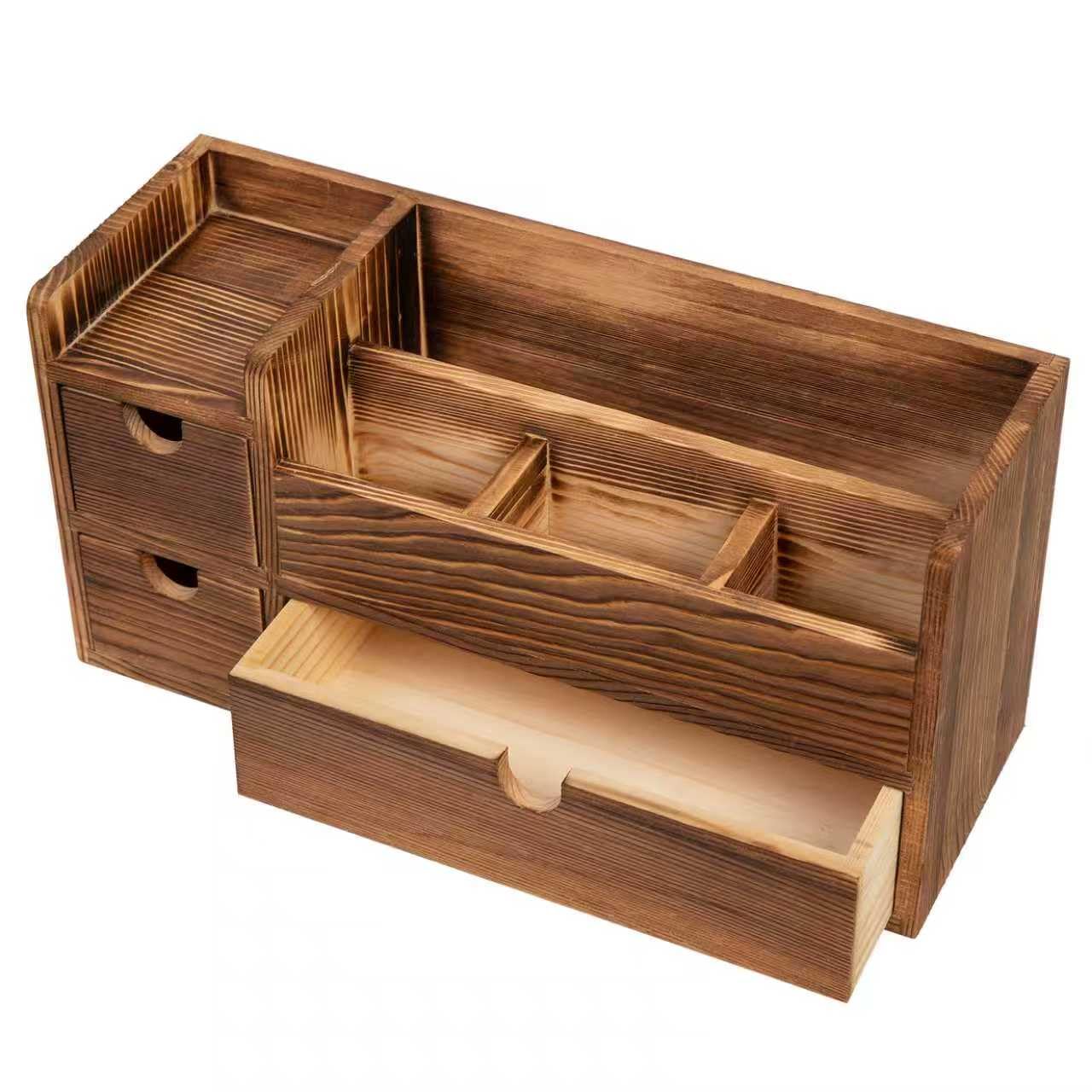 ExoLiry Deep Roast Wooden Desktop Organizer 3 Drawers Office Supplies Storage Caddy Box Stationery Pencil Mail Holder Note Pads Makeup Tools Cosmetics Dark Brown