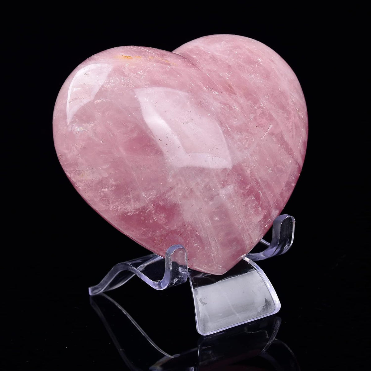 JIC Gem Heart Shaped Rose Quartz Crystal Healing Stone Large Pocket Palm Worry Stone with Display Stand Chakra Reiki Balancing 2.9"-3.3"