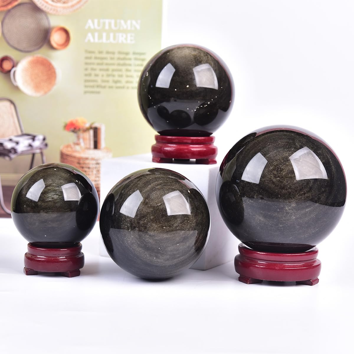 JIC Gem Large Golden Obsidian Crystal Sphere Quartz Crystal Ball with Stand Healing Ornament Witchcraft Meditation Home Decor 3.1-3.5 inch(80-90mm)