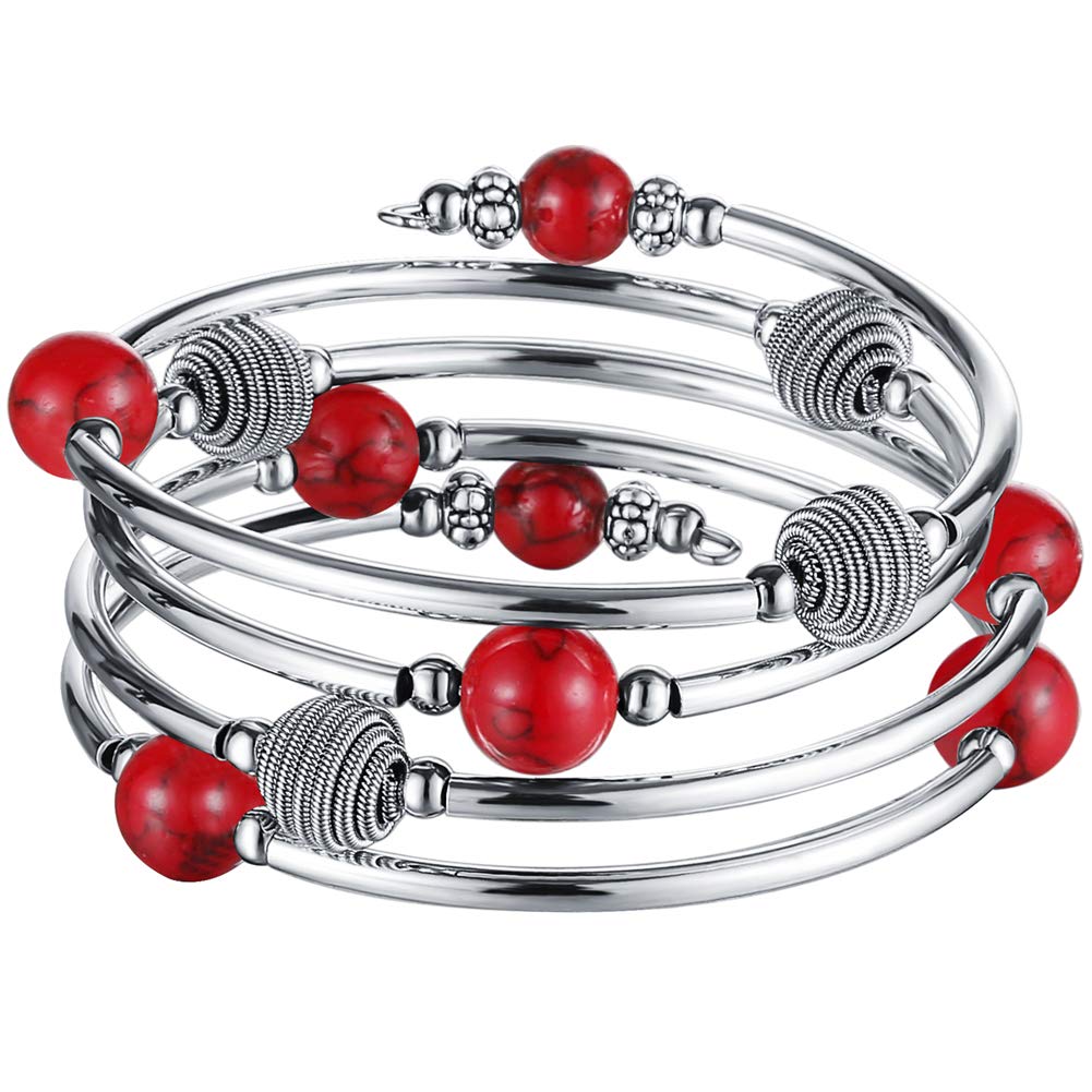 PEARL&CLUB Beaded Chakra Bangle Turquoise Bracelet - Fashion Jewelry Wrap Bracelet with Thick Silver Metal and Mala Beads, Birthday Gifts For Women(63-Red)