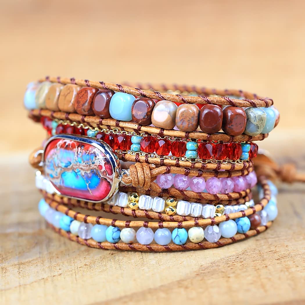 ZOSOJONA Women Wrap Bracelet Boho Natural Jasper Crystal Stone Beads Strand Bracelets (Emperor Stone)