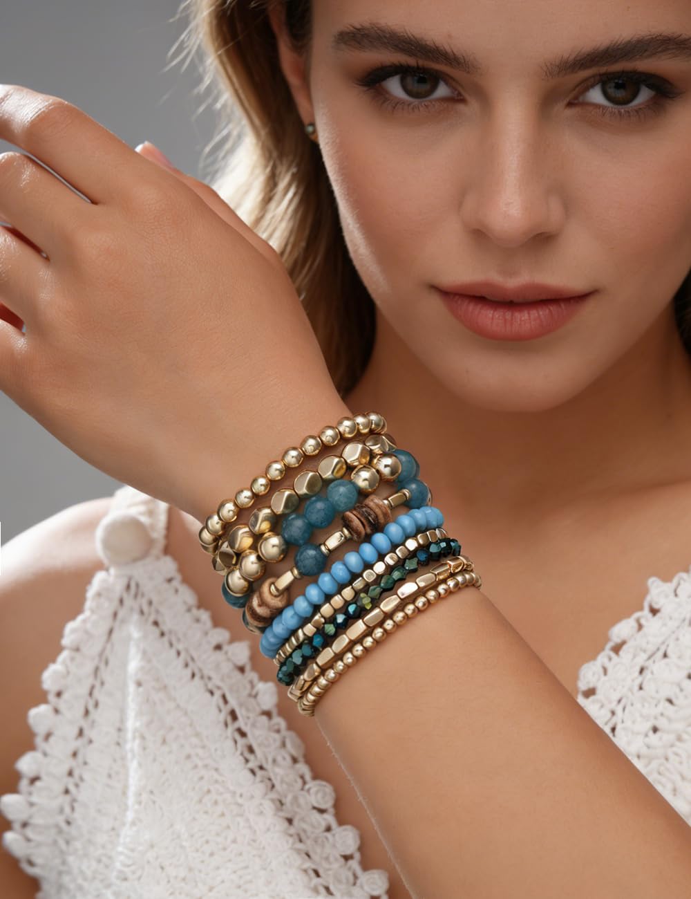 iF YOU 12 Pcs Boho Beaded Bracelets for Women, Brown Orange Bohemian Stackable Gold Bead Stretch Bracelets Stack Jewelry Gift (Blue beaded bracelets)