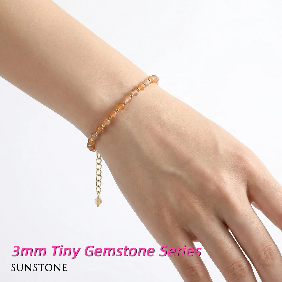 Morchic 3mm Orange Sunstone Feldspar Natural Gemstone Beaded Bracelet for Women, Dainty Charm Jewelry, Adjustable 7.1-8.6" Ideal Birthday Holiday Gift