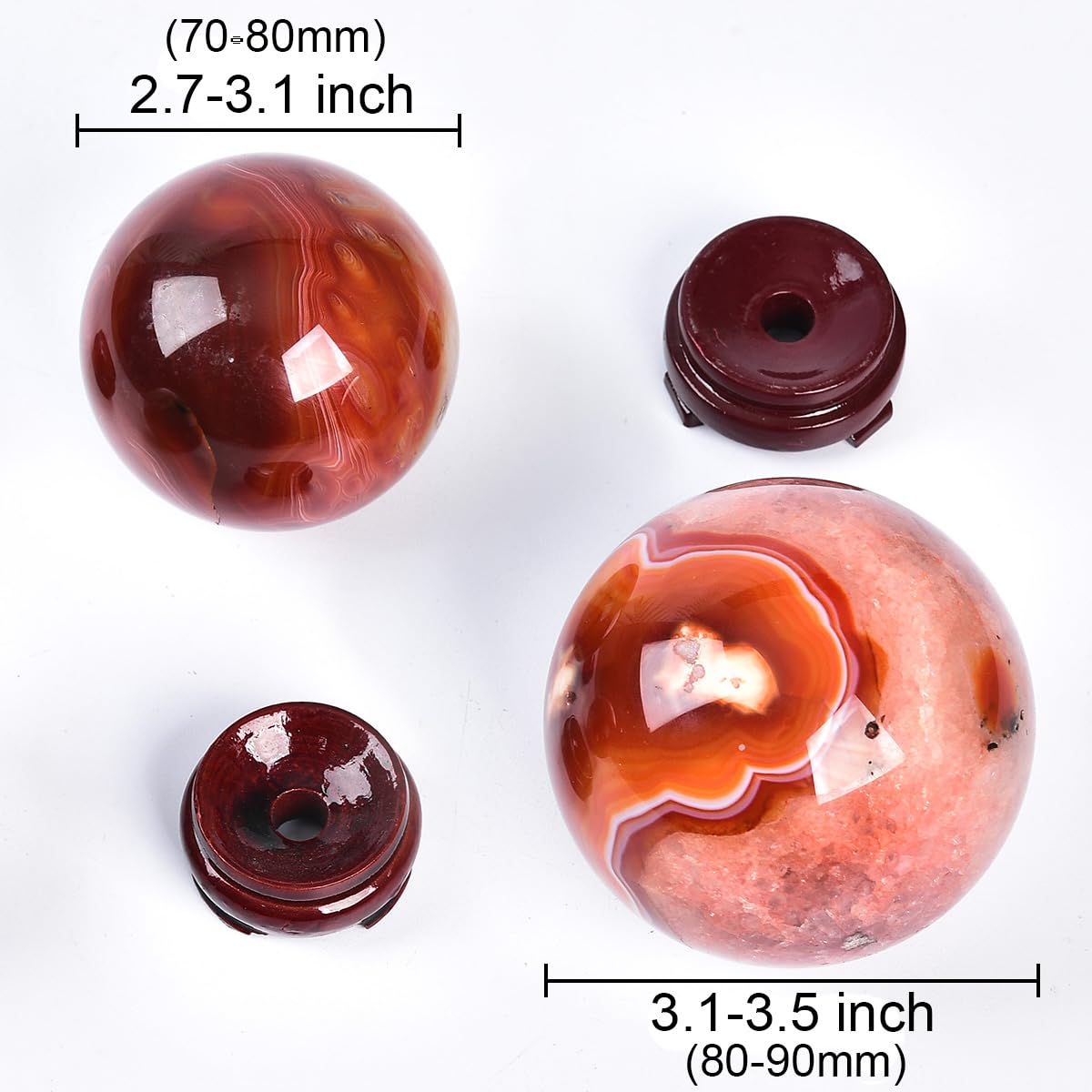 JIC Gem 2.7-3.1 inch(70-80mm) Large Red Agate Crystal Ball Round Healing Crystals Decorative Sphere with Wooden Stand Meditation Witchcraft Home Decor