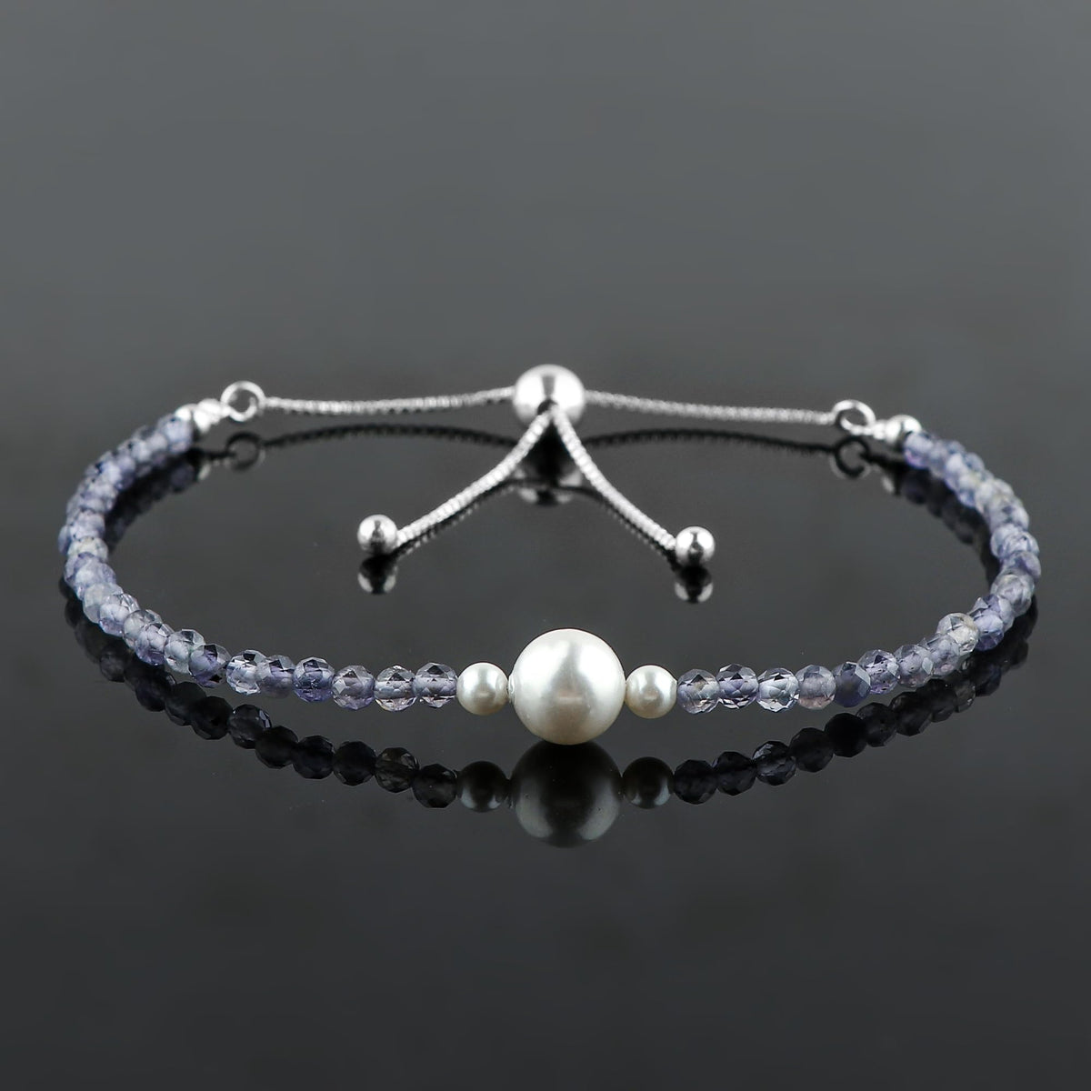 CRYSTALINES Natural Blue Iolite Gemstone Bolo Bracelet, Cultured Pearl Beads Stones, Handmade Hypoallergenic Boho Jewelry for Women, Healing Crystals, Adjustable Silver Plated 6+4inch, Birthday Gift