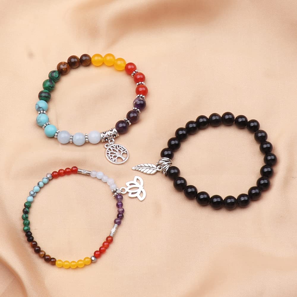 UEUC Natural Gemstone Chakra Bracelets for Women, Multilayer Tree of Life Lotus Crystal Healing Stone Bracelet Sets, Yoga Meditation Reiki Relax Bracelets for Stress Relief(#81)