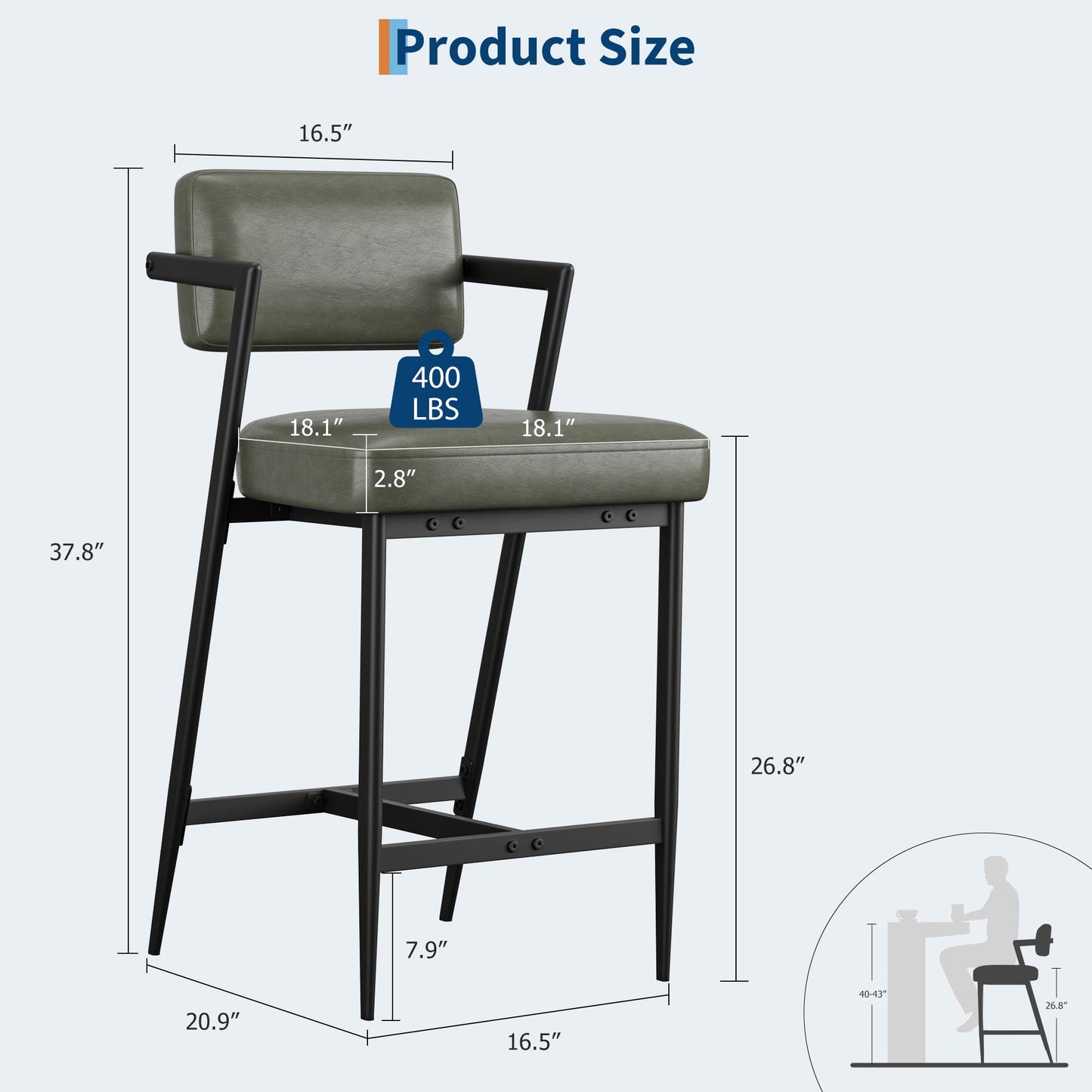 Garvee Bar Stools Set of 6 w/Arms & Footrest, Upholstered Bar Stools with Backrest & Thickened Metal Legs, Counter Height Bar Stools with Thick Cushion for Island, Counter Bar, Retro Green
