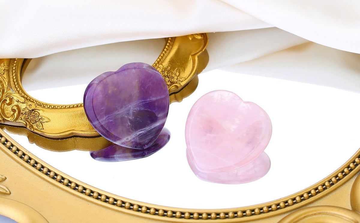 QINJIEJIE 2PCS Rose Quartz Crystals Heart Stones Amethyst Hearts Crystal Worry Stones for Anxiety Thumb Palm Polished Gemstone Pocket Gem Hearts Gifts Valentine's Day Gifts Stocking Stuffers for Women