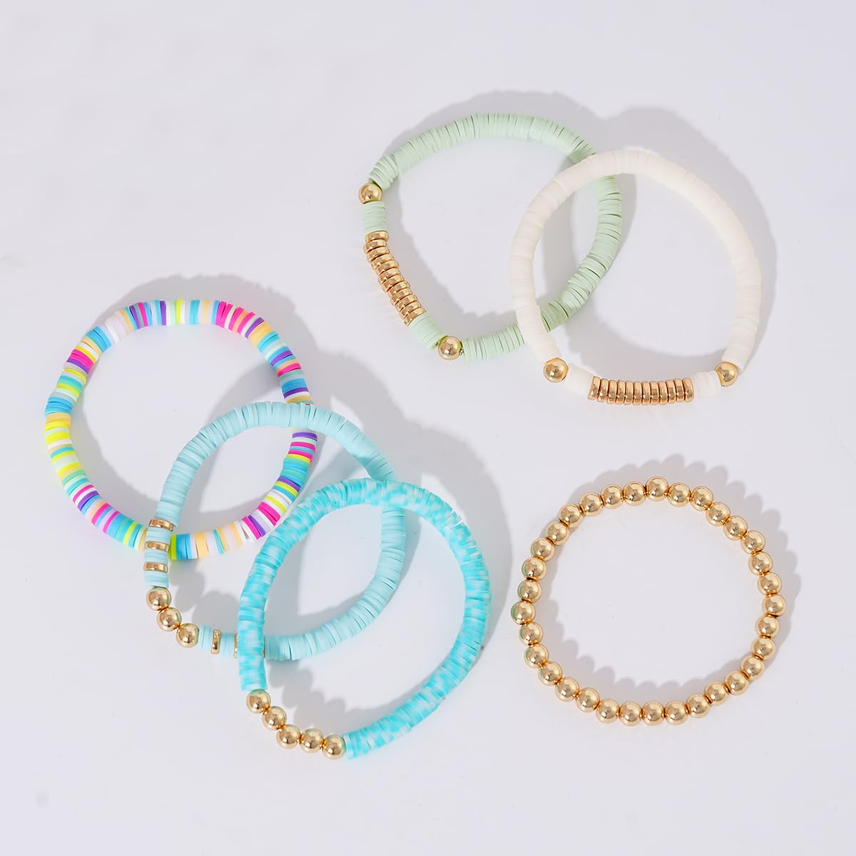 GOOJIDS Surfer Heishi Clay Bead Bracelets for Women Bohemian Stackable Gold Plated Beaded Stretch Bracelets Elastic Layering Friendship Bracelets Set Boho Jewelry