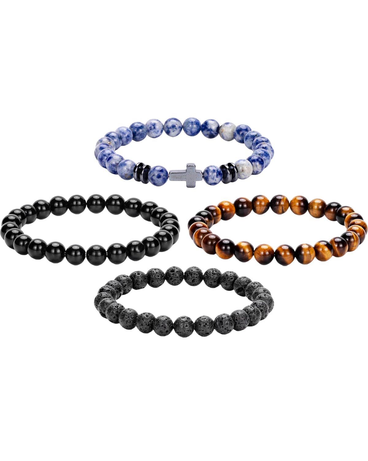 Crystery Men Beaded Bracelets, 8mm Natural Stone Bracelet, Healing Crystal, Jewelry Gifts for men, Triple Protection, Blue Spot Stone, Tiger Eye, Black Obsidian Beads Bracelets, Lava Rock, Pack of 4