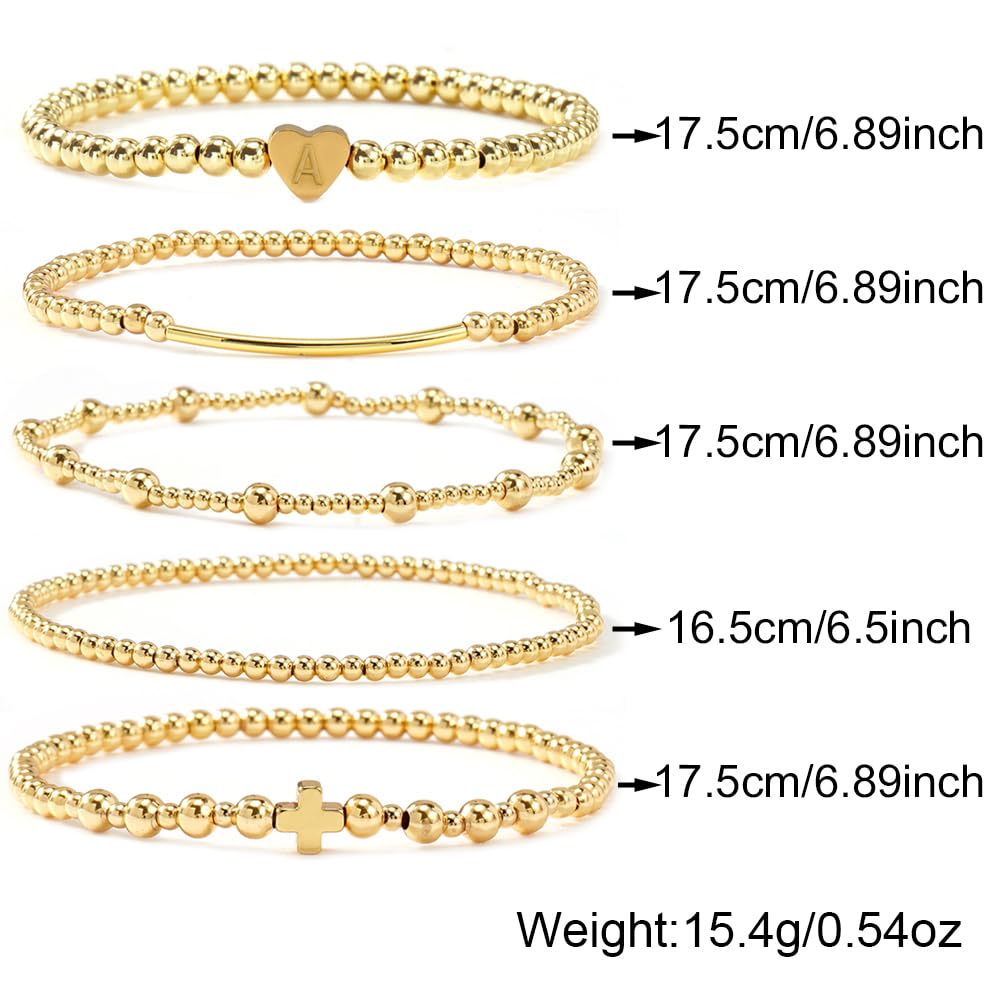14K Gold Cross Beaded Initial Bracelet Stack for Women,Dainty Stretch Gold Plated Letter A Stackable Bracelets Bohemian Layered Prom Holiday Party Accessories Jewelry Gift Friendship