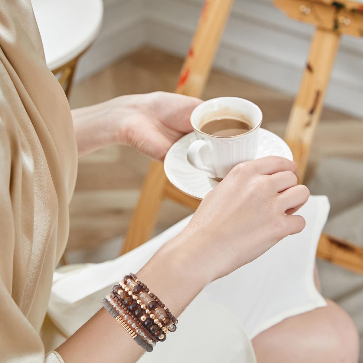 GOOJIDS Brown Surfer Heishi Clay Bead Bracelets for Women Bohemian Stackable Gold Plated Beaded Stretch Bracelets Elastic Layering Friendship Bracelets Set Boho Jewelry