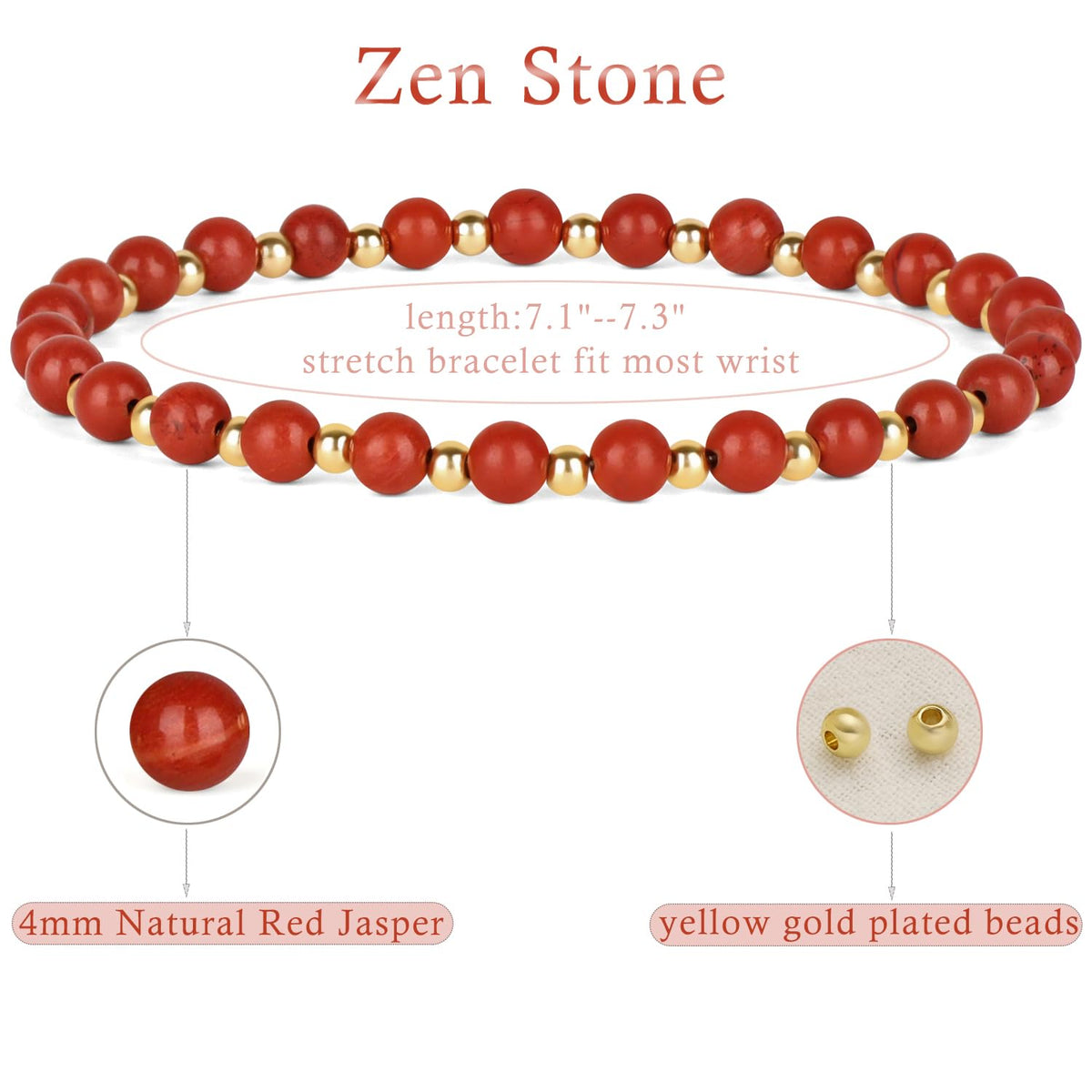 QOGIR Red Jasper - Zen Stone - 14K Gold Plated Beads Natural Gemstone Stretch Elastic Dainty Healing Beaded Bracelets Gifts 4mm