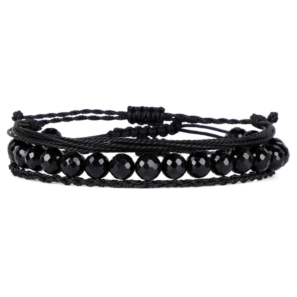 QOGIR Handmade Healing Bracelets,8mm Natural Faceted Black Onyx Gem Stone Beads Bracelet for Men Women Gifts with 2PCS Size Adjustable Rope Bracelets