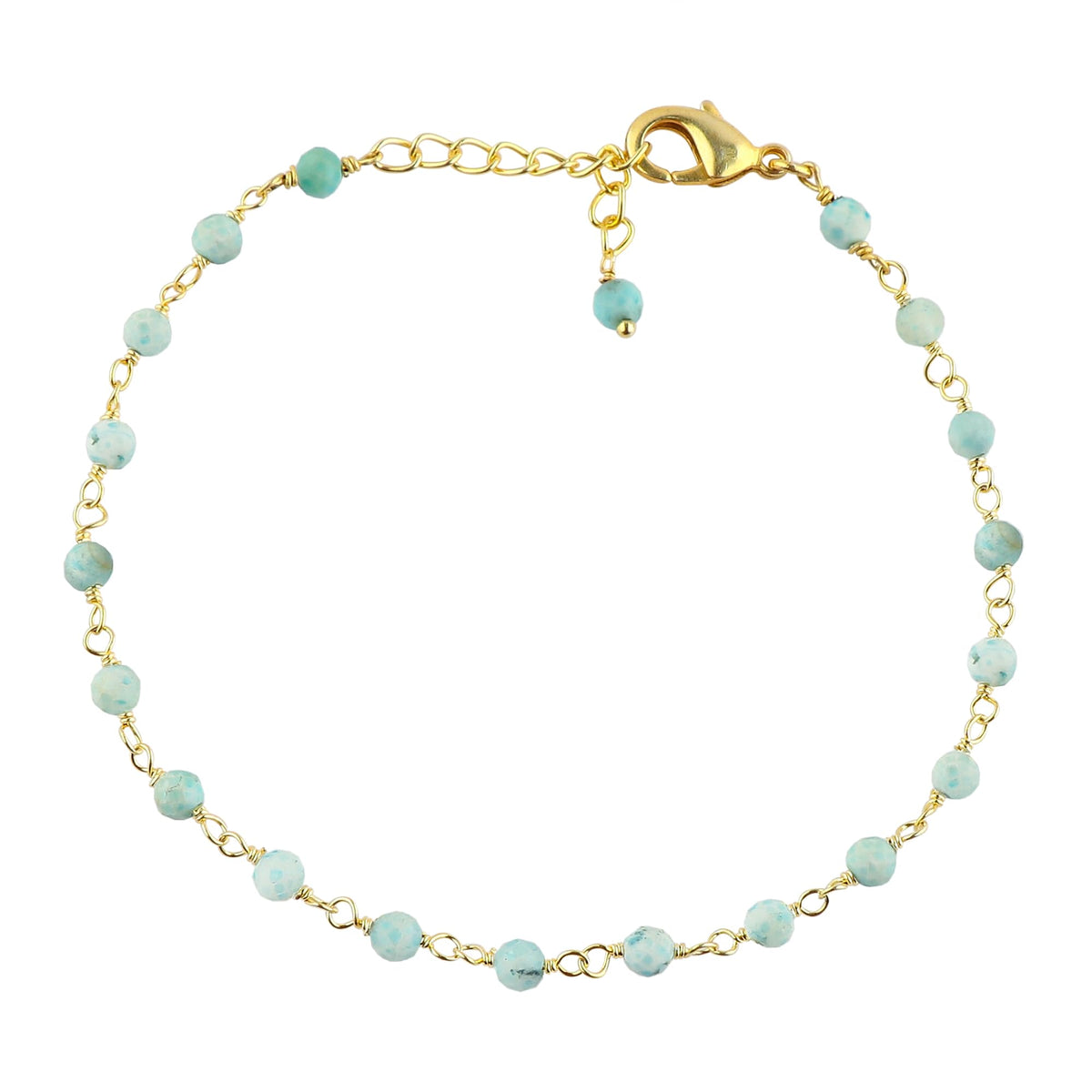 CRYSTALINES Natural Sky-Blue Larimar Gemstones Bracelet Handmade Hypoallergenic Gold Plated Jewelry for Women Healing Crystals Microfaceted Beads Rosary Chain Boho Birthday Bracelet, 7+1inch