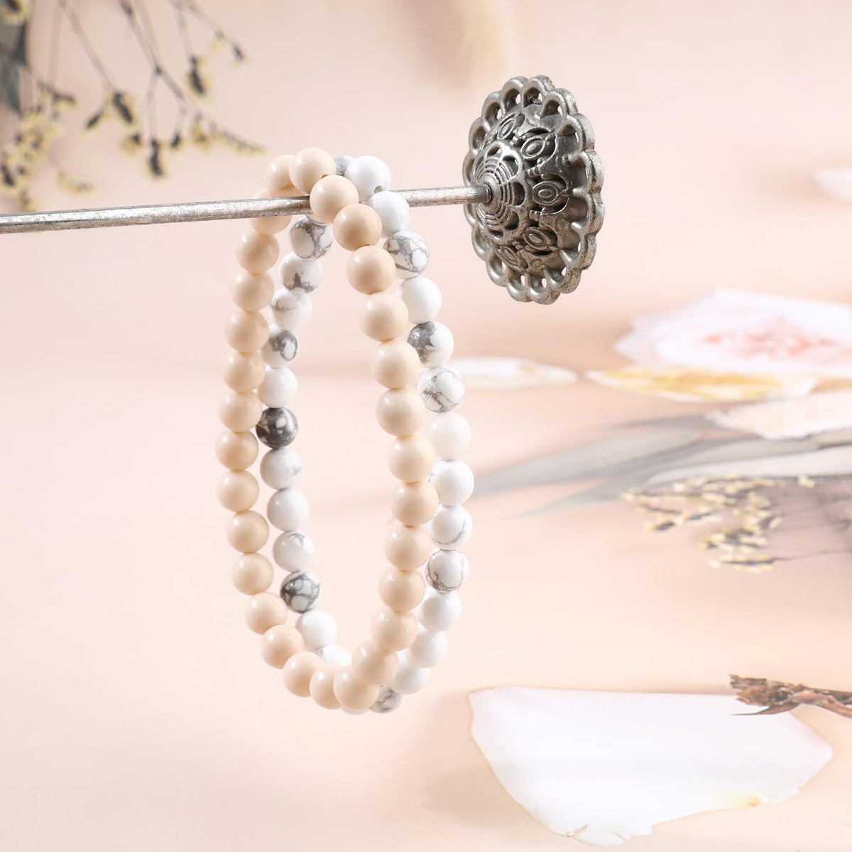 NCB 2-Piece 6mm Natural Crystal Gemstone Stretch Bracelets – ﻿Howlite, White Fossil Jasper Handmade Reiki Energy Healing Jewelry for Meditation,Yoga, Unisex