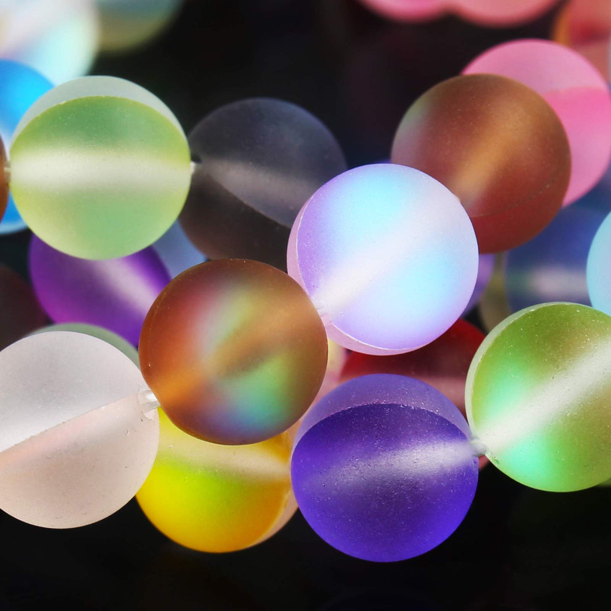 Matte Mixed Color Aurora Crystal Glass Beads, 8MM Frosted Glitter Shining Mermaid Round Loose Beads, Rainbow Holographic Synthetic Moonstone for Jewelry Making DIY Bracelet