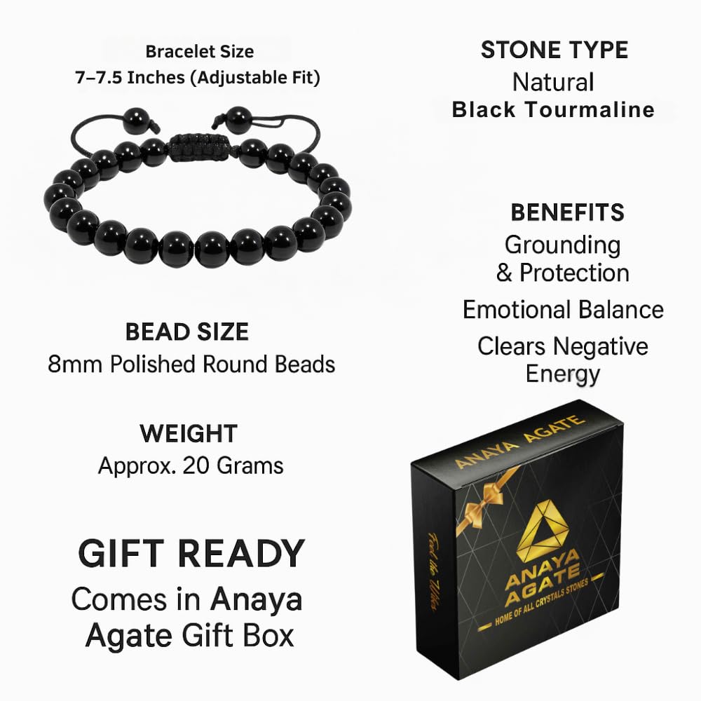 ANAYA AGATE Healing Crystal Bracelet – Chic Gemstone Bracelet for Men and Women – 8mm Round Bead Bracelets for Spiritual Healing, Protection, Positive Energy - Black Tourmaline
