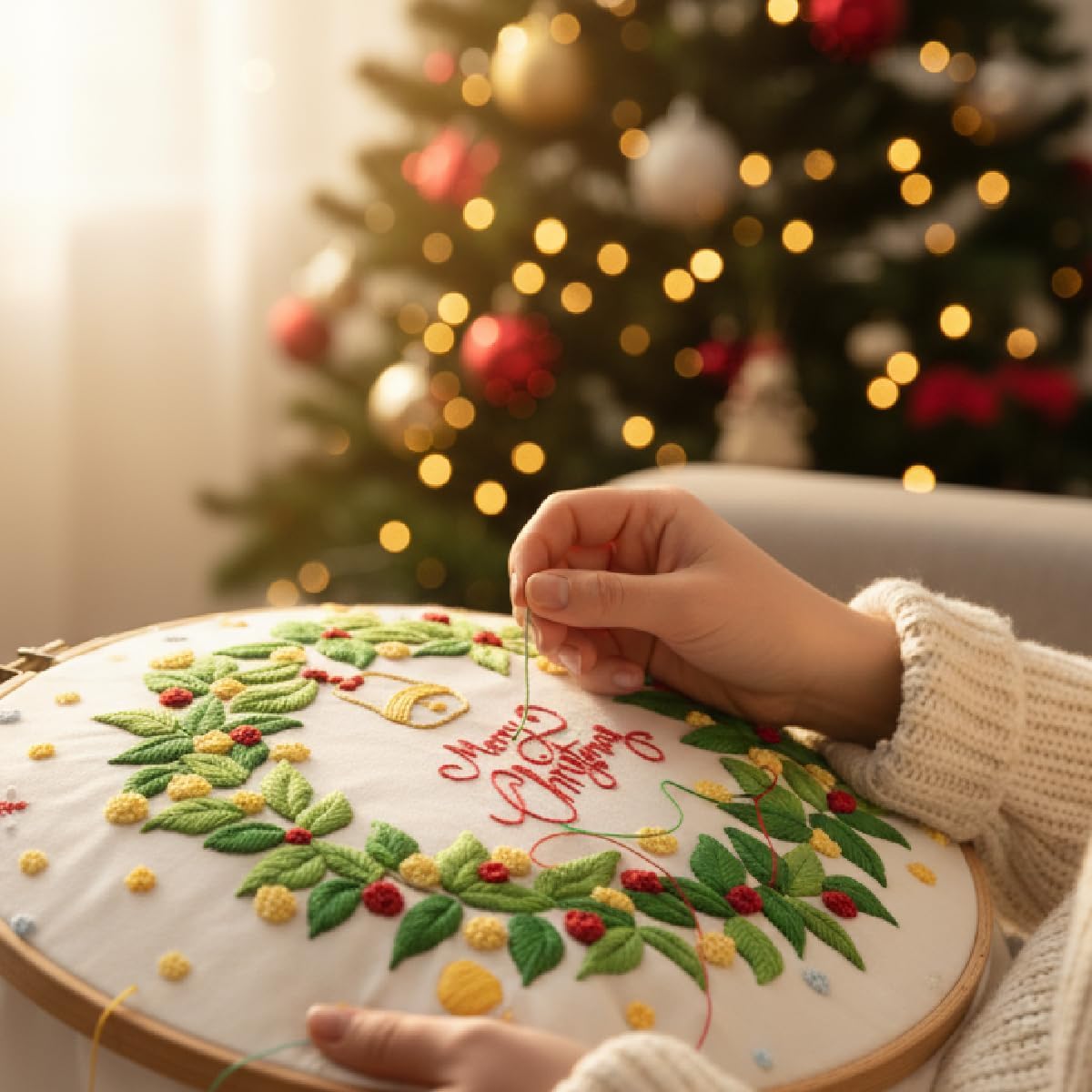 GQKHSS DIY Embroidery Kit, Decorative Pillow Cover with Floral Design,18 x 18'',Complete Starter Set with Thread and Tools,No Pillow Core (Garland)