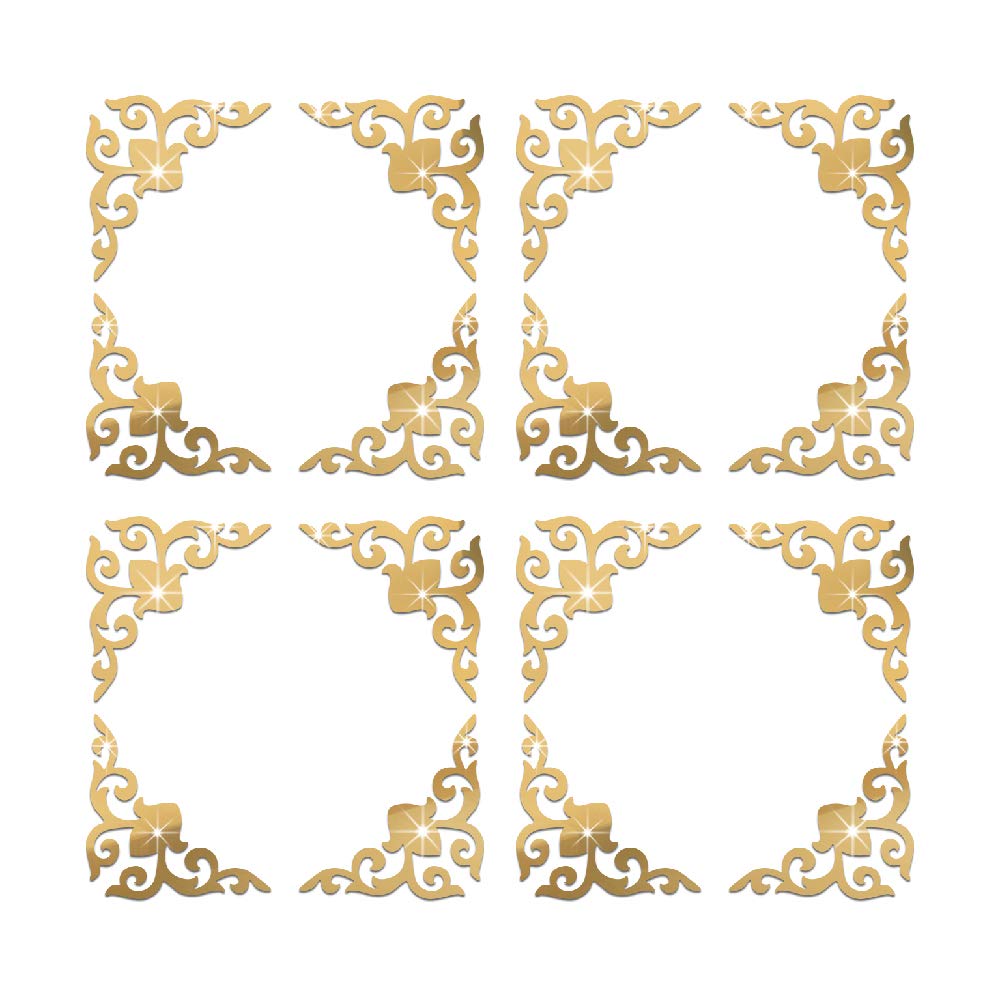 funlife Hollow Self Adhesive Mirror Wall Stickers, Small Plastic Gold Mirror with Adhesive Back for Home Cabinet Wall Decor 3.94" X 3.94" 16 PCS Corner Onlay Applique Pattern-Mirror