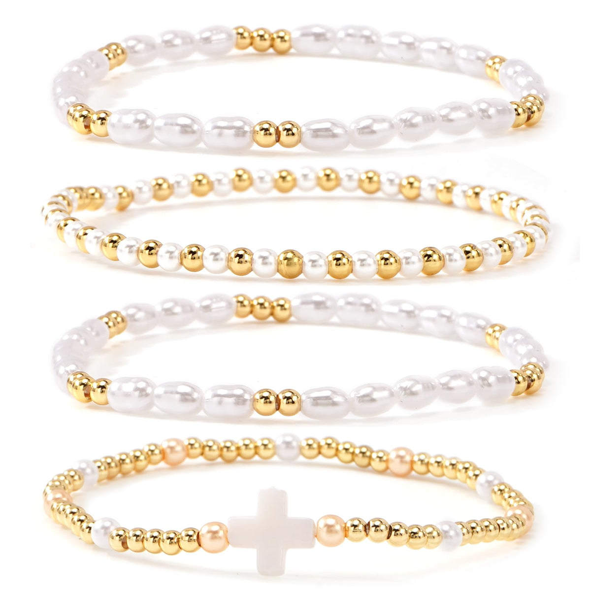 Bohxantium Pearl Gold Beaded Bracelets Set for Women White Cross Bracelet Stack Stretch 14K Gold Plated Beads Ball Stackable Non Tarnish Trendy Dainty Jewelry Friendship Christian Gifts for Women