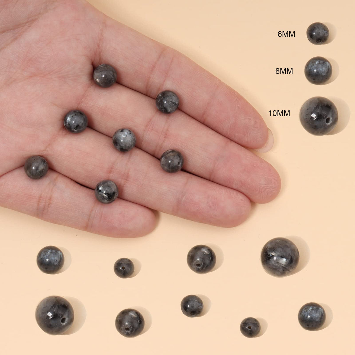 60pcs 6mm Natural Stone Beads Black Larvikite Beads Energy Crystal Healing Power Gemstone for Jewelry Making, DIY Bracelet Necklace