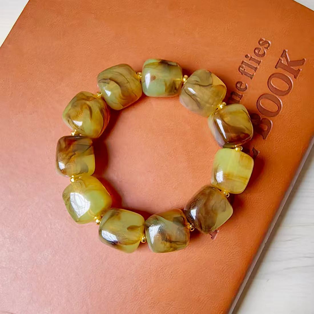 FALFYFM Chunky Square Beaded Stretch Bracelets for Women Boho Acrylic Beads Bracelet Adjustable Statement Beach Summer Jewelry (Green)