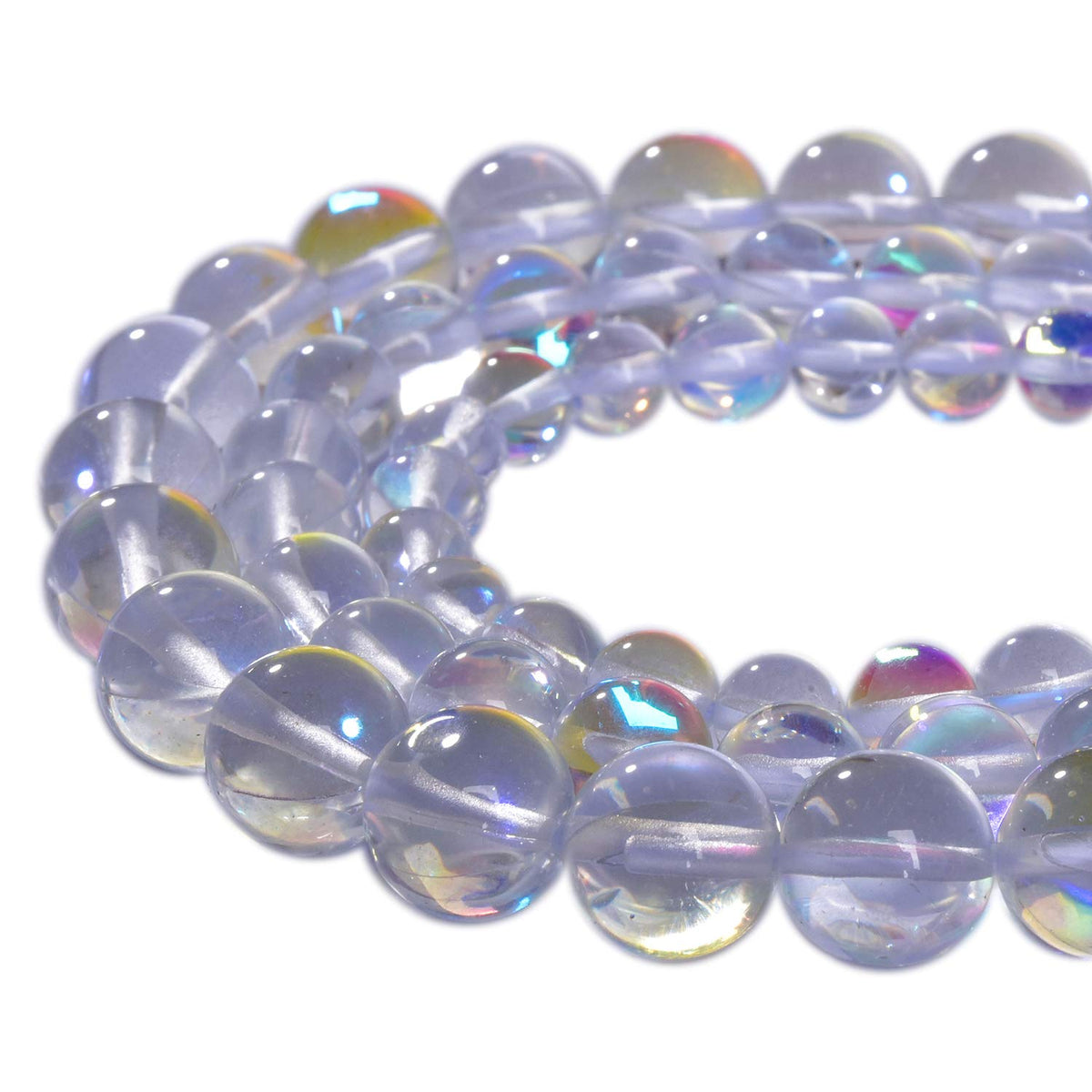 Asingeloo 48PCS 8mm White Angel Aura Beads Round Gemstones Polished Mermaid Aura Moonstone Smooth Stone Loose Beads Crystal Quartz for DIY Jewelry Making 1 Strand 15”