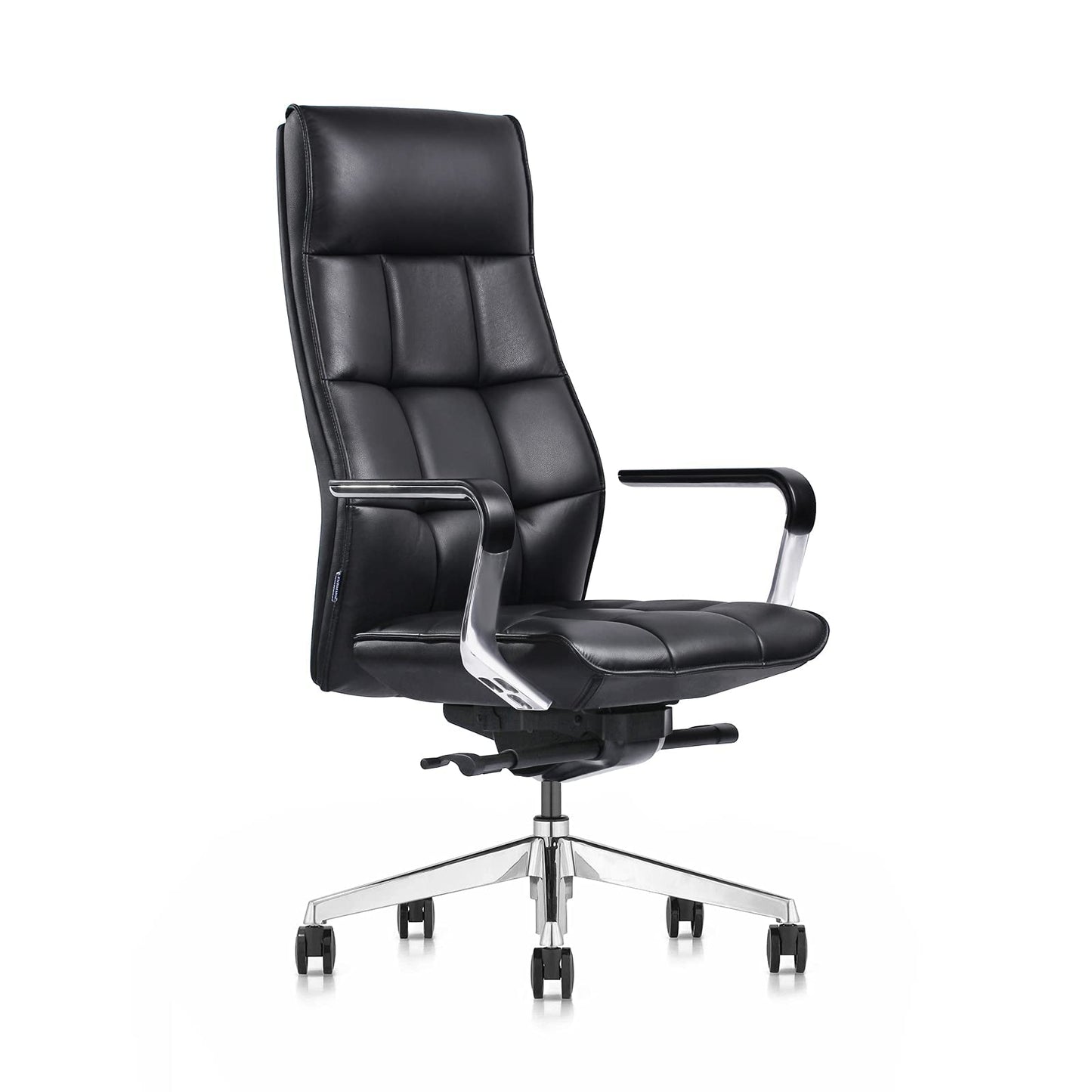 FURIJING Genuine Leather Aluminum Base High Back Executive Chair,Modern Ergonomic Real Leather Office Chair Boss Executive Chair with Synchro-Tilt Mechanism-Black.