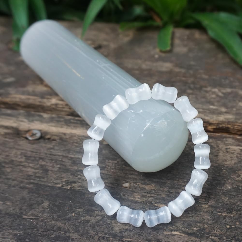 TaHLga 8mm Selenite Bracelet White Bamboo-Shaped | Natural Stone Beads with Traditional Bamboo Node Design | Handmade Meditation Healing Crystal Jewelry | Beading Tool Kit - Adjust to 6.5-7.5 inches