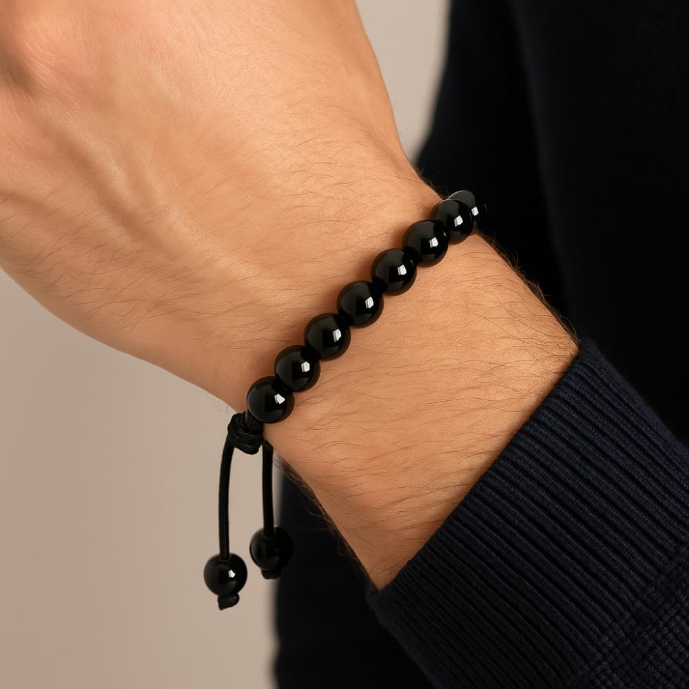 ANAYA AGATE Healing Crystal Bracelet – Chic Gemstone Bracelet for Men and Women – 8mm Round Bead Bracelets for Spiritual Healing, Protection, Positive Energy - Black Tourmaline