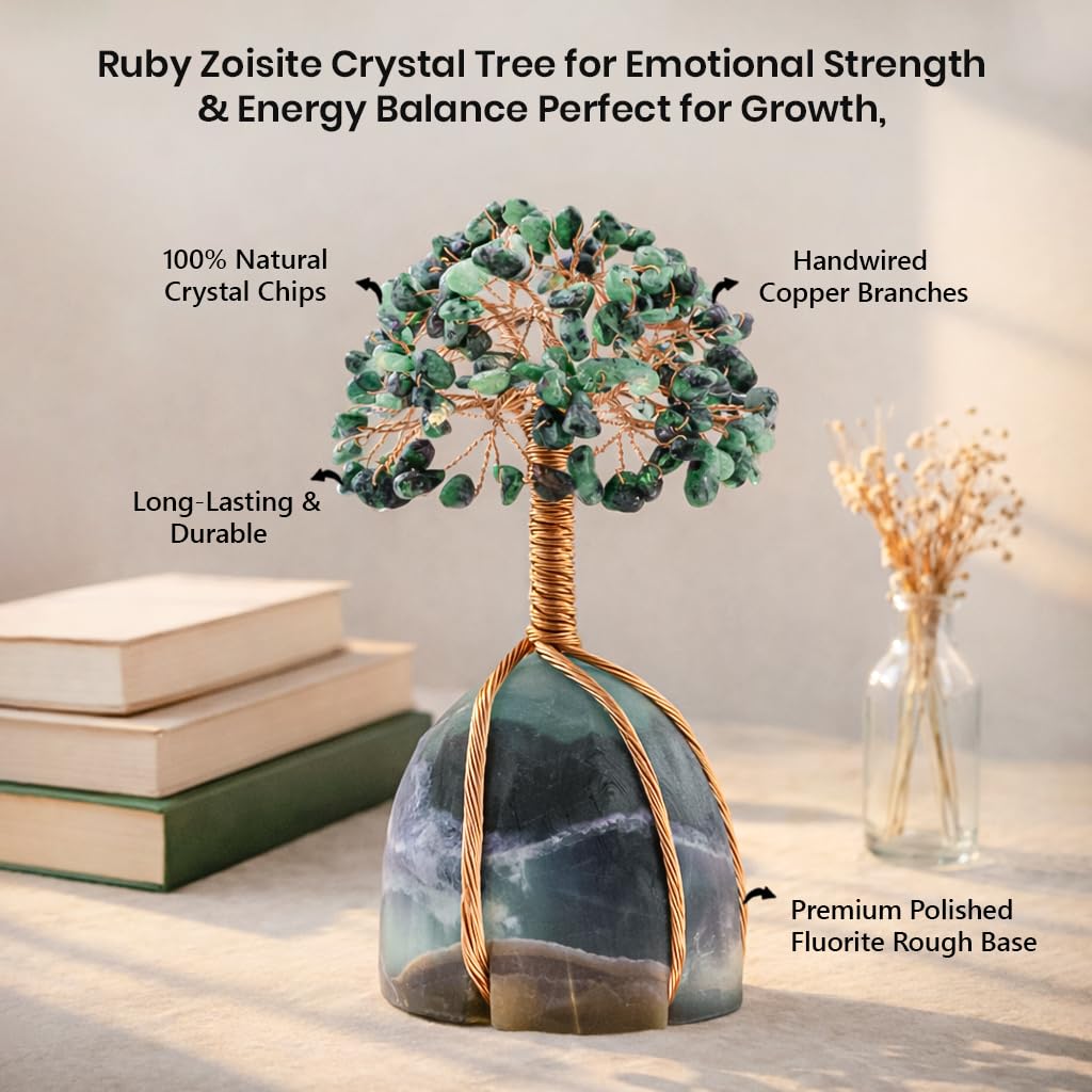 Crocon® Ruby Zoisite Crystals Tree with Fluorite Rough Base, Birthday Gifts for Women & Men, Room Decor, Healing Crystals Spiritual Gift, House Warming Gifts New Home, Birthday Gift - Mom Sister Wife