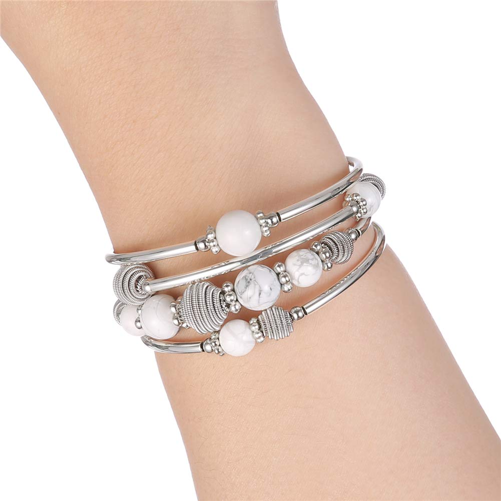 PEARL&CLUB Beaded Chakra Bangle Turquoise Bracelet - Fashion Jewelry Wrap Bracelet with Thick Silver Metal and Mala Beads, Birthday Gifts For Women(Howlite)