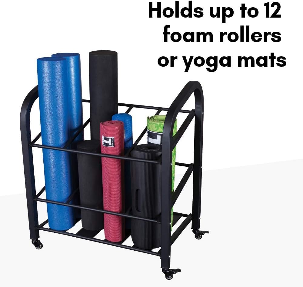 Body-Solid (GYR500 Foam Roller Storage Organizer and Yoga Mat Rack Holder with Lockable Wheels, Commercial and Home Gym Accessories Can Hold 12 Fitness Rollers and Mats