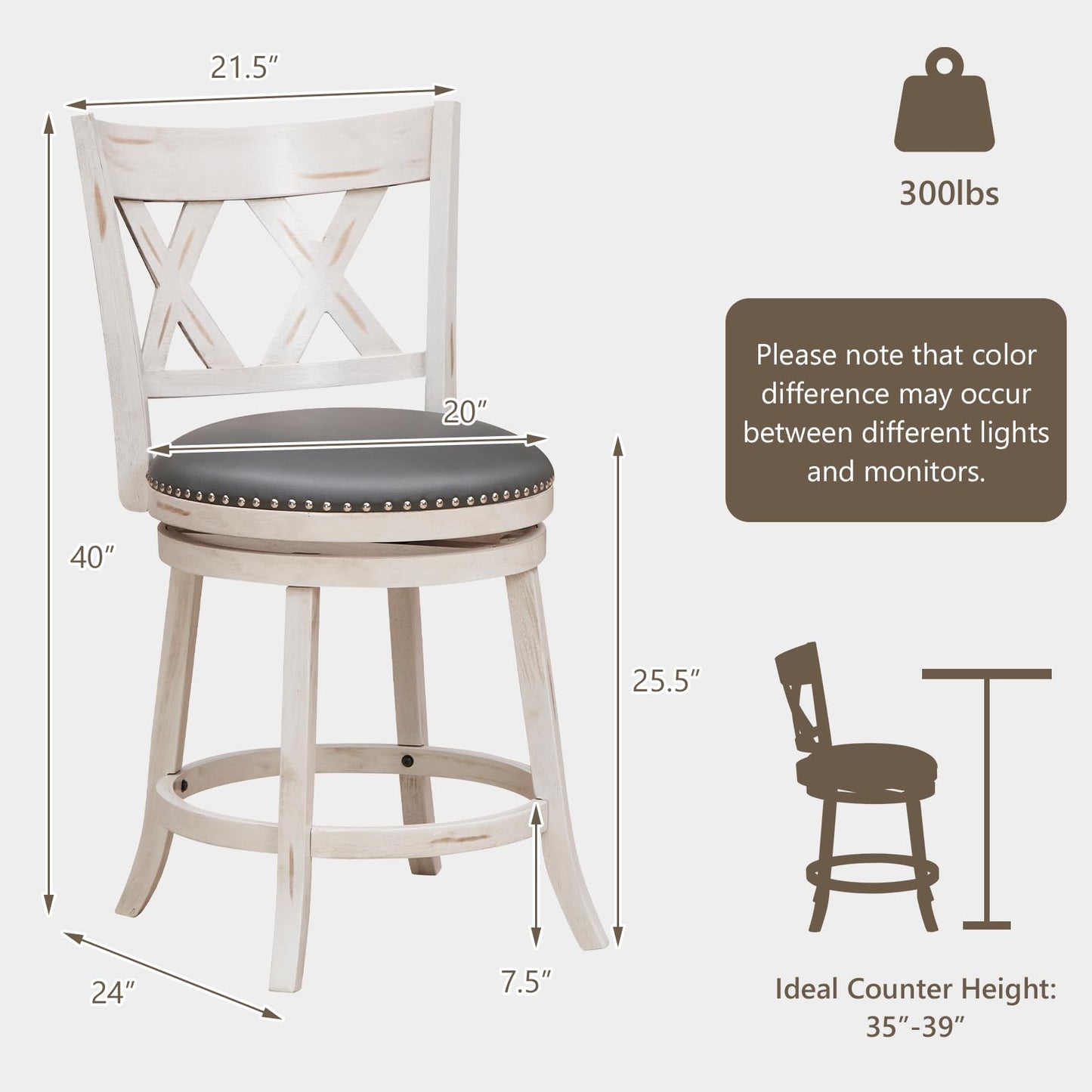 COSTWAY Bar Stool Set of 4 for Kitchen Island, 25.5” Swivel Armless Counter Height Stools with 20'' Wider Padded Seat, Ergonomic Curved Backrest, Rubber Wood Frame (4, Antique White + Gray)