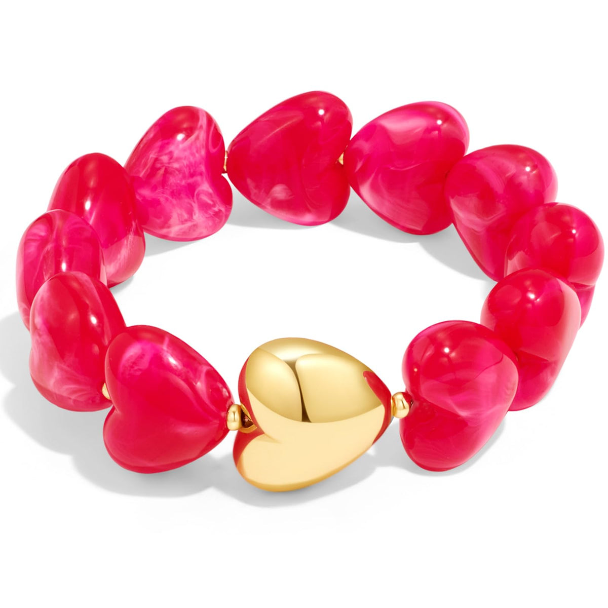 FAUTHENTICUTE Hot Pink Bead Strand Bracelet for Women Boho Fuchsia Red Beaded Statement Bracelet With A Puffy Heart Charm Chunky Stretch Bracelets For Summer Vacation Beach Jewelry Gift