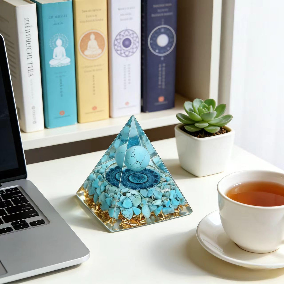 ycyingcheng Moonstone Crystal Orgone Pyramid Ogan Crystal Energy Tower, Nature Reiki Chakra Crushed Stone Jewelry, Crystal Pyramid for Home Decor (Turquoise)