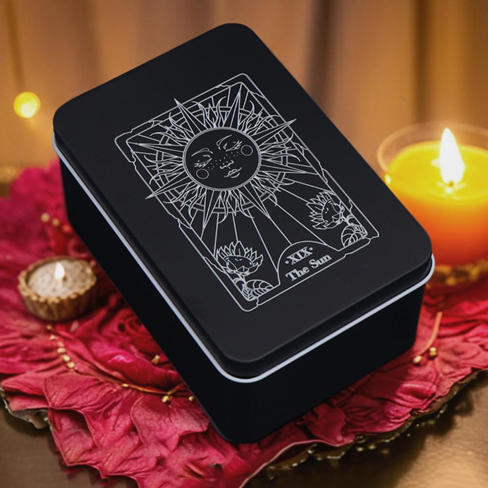 CREATCABIN Iron Tarot Cards Storage Box Tarot Card Holder Box Black Sun Metal Trinkets Case Tin Tarot Card Collection Boxes Deck Cases for Jewelry Fortune Telling Witchcraft Decor 3x5x2Inch