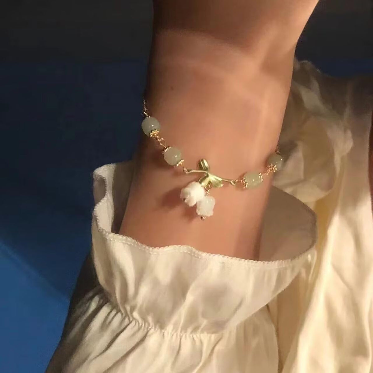 14k Gold Cute Lily of The Valley Bracelet Flower Jade Pendant Necklace Bracelet Adjustable Orchid Bracelet Jade Beads Stretchable Gemstone Necklace Jade Bracelet（Bracelet）