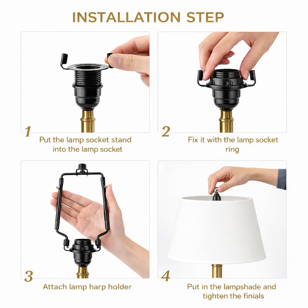 Homoyoyo Adjustable 8 Inch Lamp Shade Harp Kit for E14 E26 E27 Bases - Black Lampshade Holder Bracket Set Includes 1 Bracket 3 Light Socket Adapters Pad Rust Lampshade Adapter for Table Lamp Rectangle