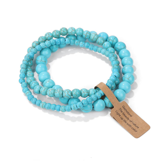 Risyfjew 3 PCS Natural Stone Beaded Stretch Bracelet 4mm 6mm 8mm Healing Crystal Bracelets Women Blue Turquoise Jewelry Gift