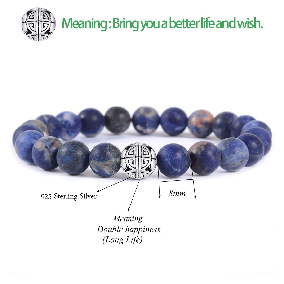 MetJakt Healing Crystals Beaded Bracelets for Womens Natural Gemstone 8mm Beads Stretch Bracelets with 925 Sterling Silver Double Happiness Pendant (Sodalite)