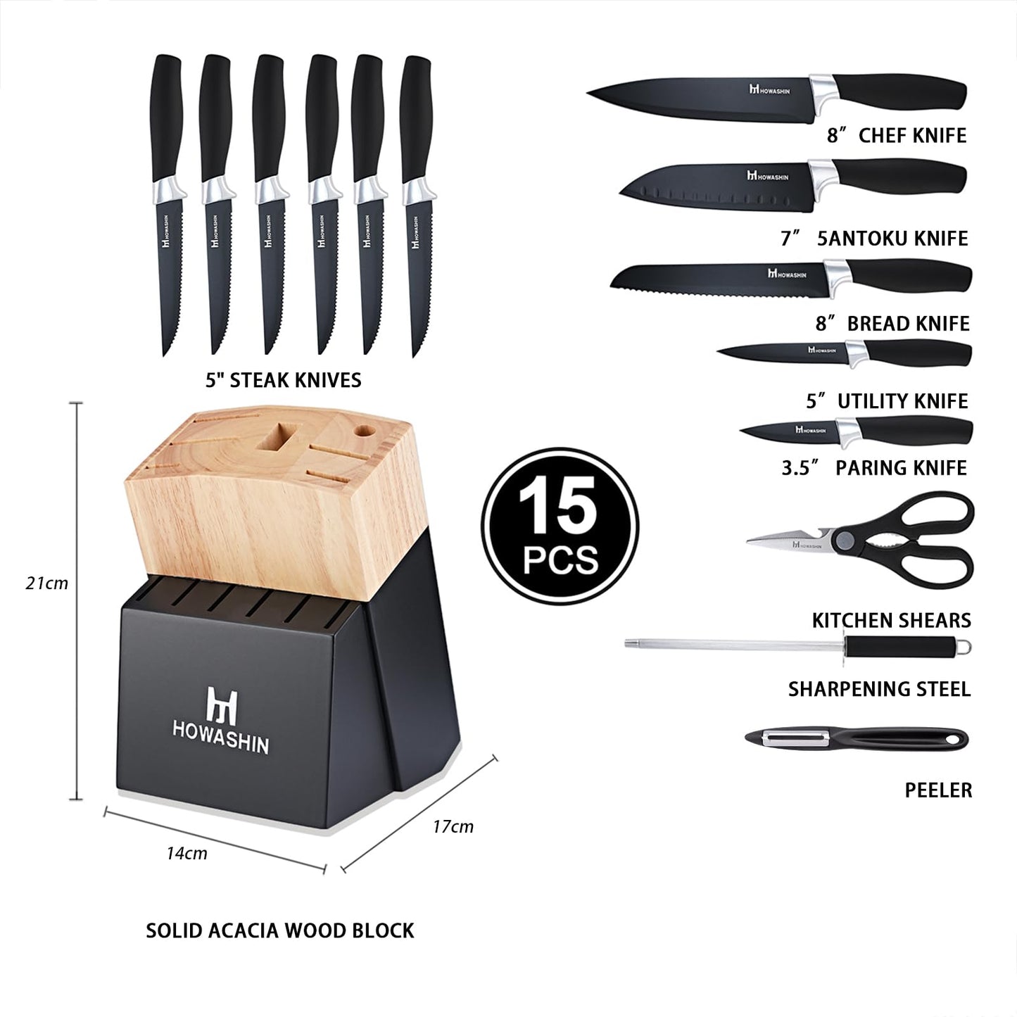 Black Knife Set, Howashin 15 Pieces Knife Sets for Kitchen with Block, Dishwasher Safe Kitchen Knife Set with Sharpener, German Stainless Steel Black Knife Block Set