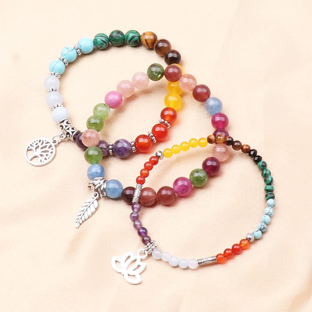 UEUC Natural Gemstone Chakra Bracelets for Women, Multilayer Tree of Life Lotus Crystal Healing Stone Bracelet Sets, Yoga Meditation Reiki Relax Bracelets for Stress Relief(#122)