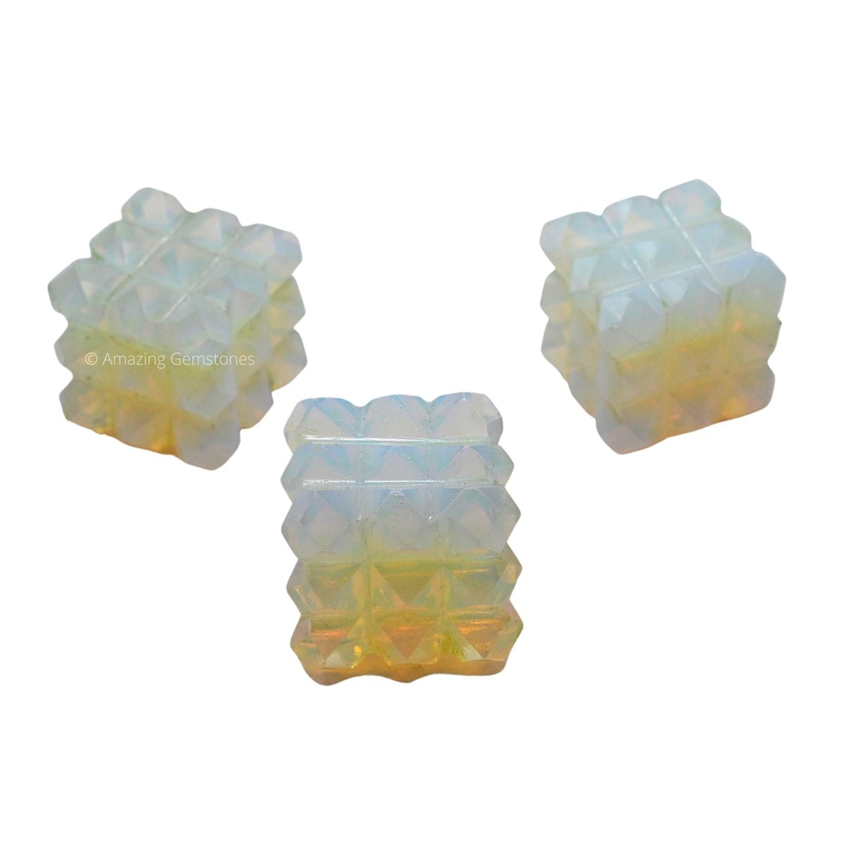 Amazing Gemstone Opalite Crystal Cube with 54 Pyramid - 1" Mini Lemurian Pyramid Cube Figurine of Natural Stone Pyramid for Meditation, Reiki, Chakra Balancing Vastu Pooja and Crystal Grids
