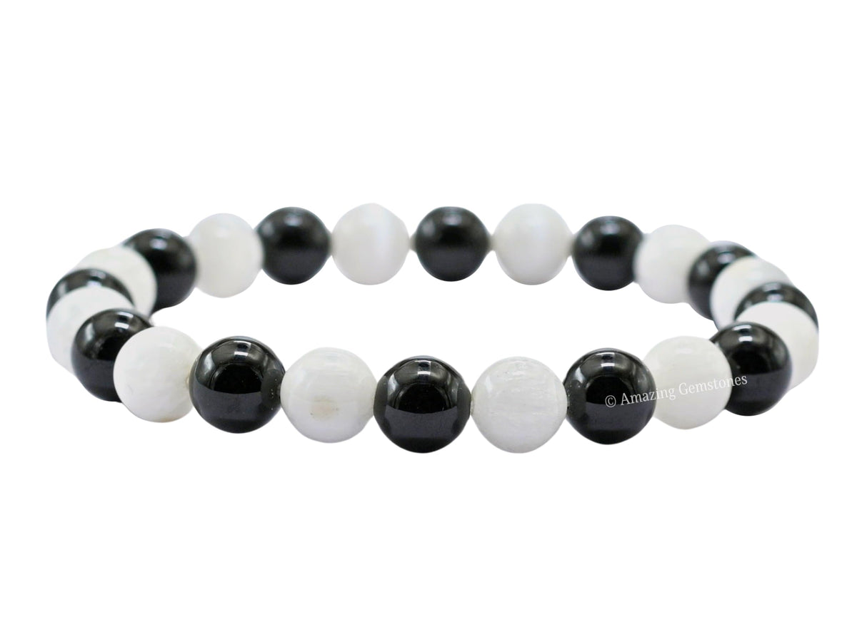 Amazing Gemstone Crystal Bracelet for Women Men's Gifts - Protection Healing Crystal Bracelet - 8mm Gemstone Beaded Stretchable Bracelet Pulseras Para Hombres Mujer Stocking Stuffers Mothers Day Gift (Black Tourmaline Selenite)