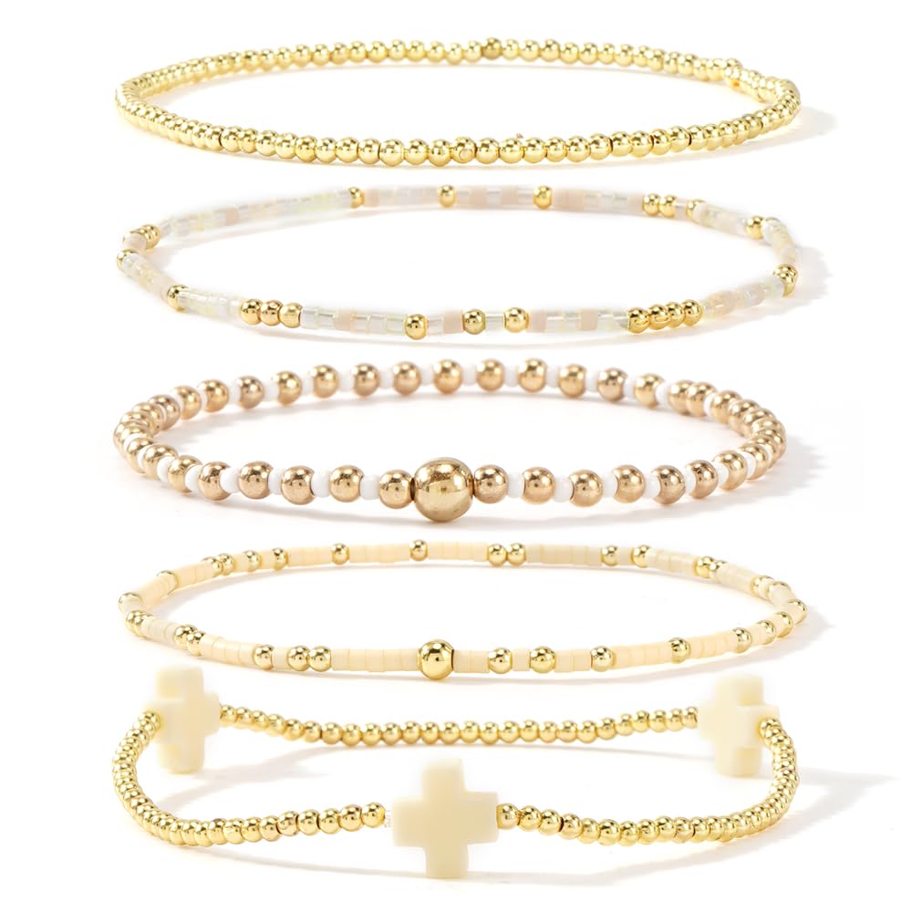 Bohxantium Gold Beaded Cross Bracelets for Women Dainty 14K Gold Plated Beads Ball Yellow Stretch Stackable Non Tarnish Bracelet Stack Boho Christian Jewelry Accessories Birthday Prom Friendship Gift