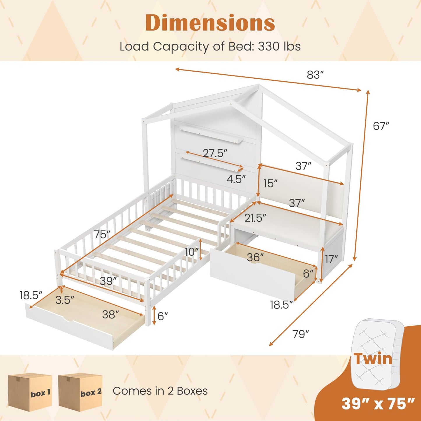 Giantex Twin House Bed for Kids, Wooden Kids Twin Bed Frame with Padded Bench, Floating Bookcase & 2 Rolling Storage Drawers, Wooden Montessori House Bed for Girls Boys, No Box Spring Needed, White