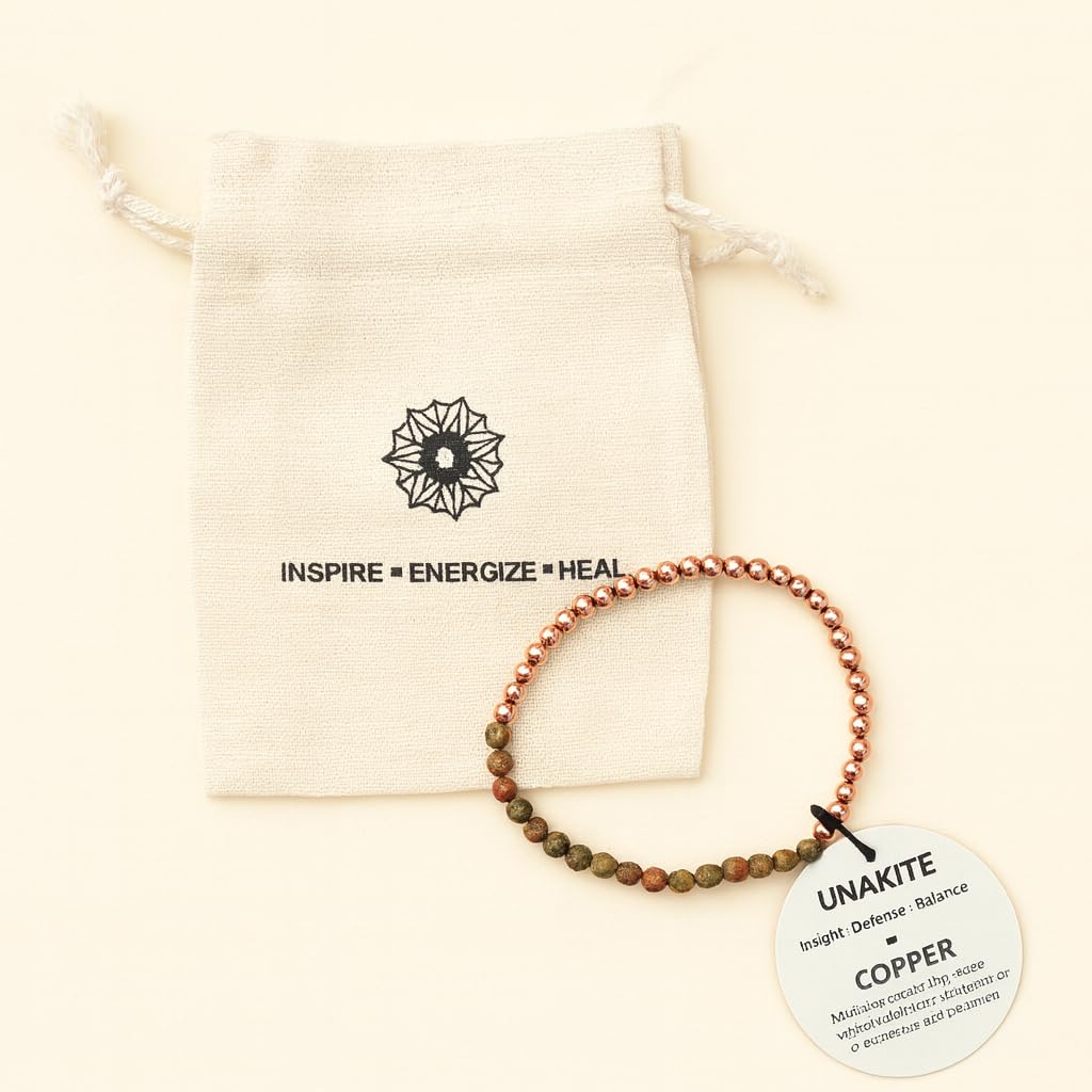 The Blue Yogi Unakite & Natural Copper Bead Bracelet for Men & Women – Healing Crystal Energy Bracelet for Protection & Positivity